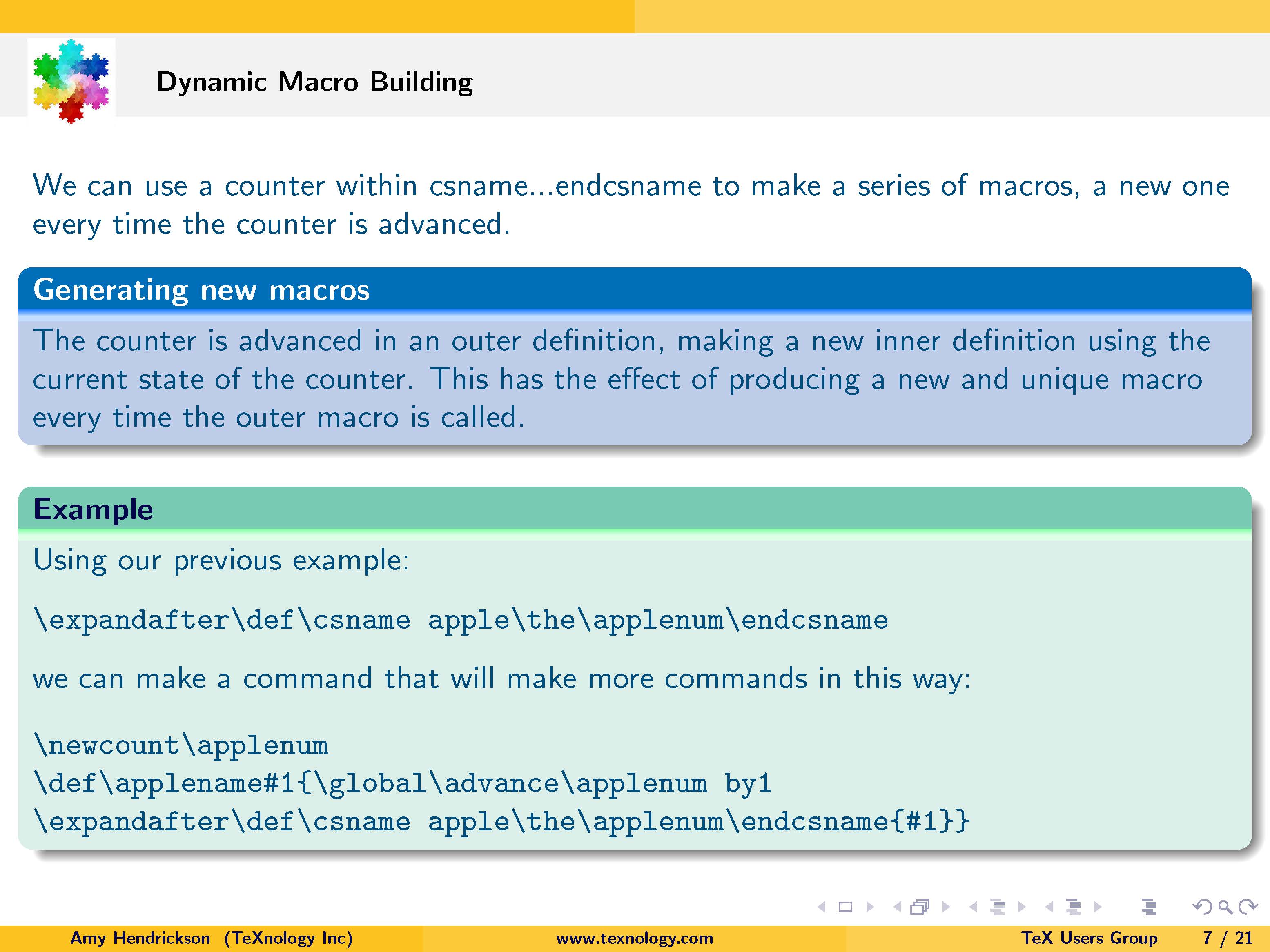 Macro Writing: Sample of code for dynamic macro building in LaTeX.
     Click on image to link to page on Macro Writing.